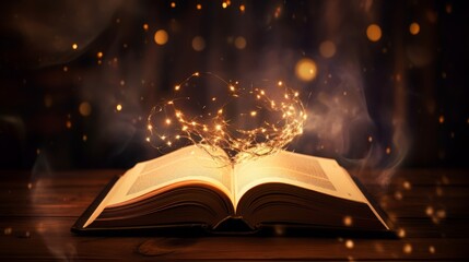 Old Book With Magic Lights On Vintage Table, magic, learning, copy space, 16:9