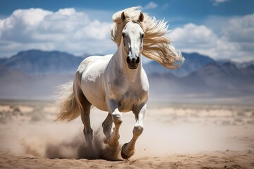 A majestic white horse galloping through a scenic desert landscape with stunning mountain views created with Generative AI technology