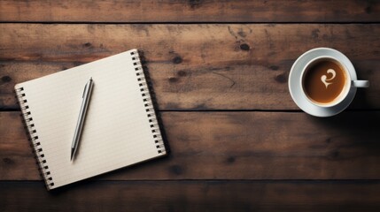 Cup of coffee and notepad on wooden table, copy space, 16:9 - obrazy, fototapety, plakaty