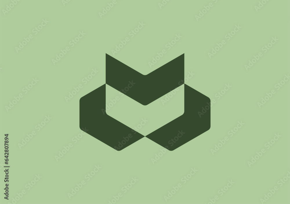 Poster monogram m fuses with a cube, embracing innovation, while a check mark symbolizes achievement and pr