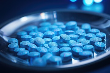 Blue ecstasy pills or tablets containing mdma on a silver plate - obrazy, fototapety, plakaty