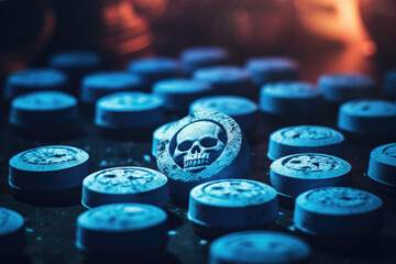 Blue ecstasy pills or extasy tablets with a debossed skull containing mdma - obrazy, fototapety, plakaty