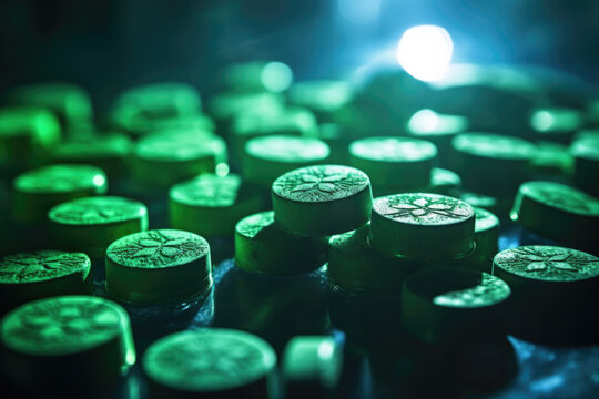 Close-up of green ecstasy pills or tablets with mdma