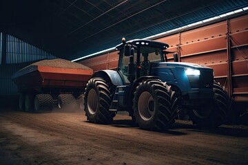 a blue tractor in a dark room with an orange trailer behind it and the light shining on the front...
