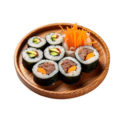 kimbap in bowl isolated on white background, top view. Korean food
