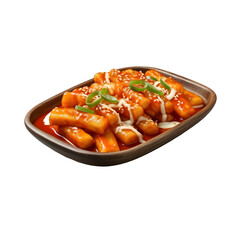 Tteokbokki in bowl isolated on white background, top view. Korean food