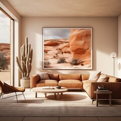 the desert is hanging on the wall in this modern living room with an orange couch and two brown armchairs