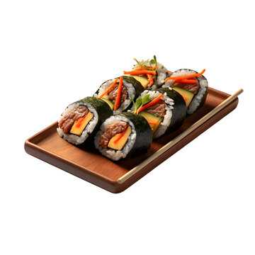 kimbap in bowl isolated on white background, top view. Korean food