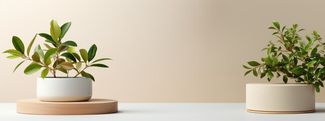 Minimalistic home with light neutral color background interior wall with natural lighting background with vase, green plant, mock up with copy space banner graphic layout. Generative AI 