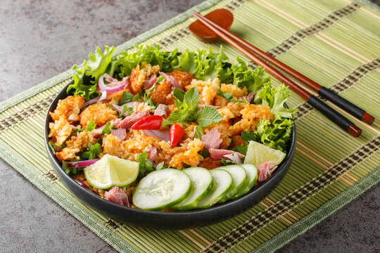 Lao Fermented Pork and Crisp Rice Salad or Yam Naem Khao closeup on the plate on the table. Horizontal