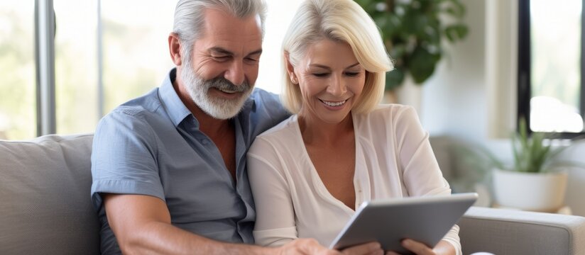 Mature couple sitting on the sofa at home and using digital tablet Shot of a mature couple using a digital tablet while relaxing on their sofa