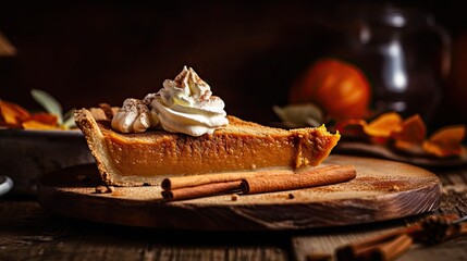 Fototapeta na wymiar a slice of pumpkin pie topped with whipped cream on a wooden cutting board surrounded by fall leaves and cinnamons