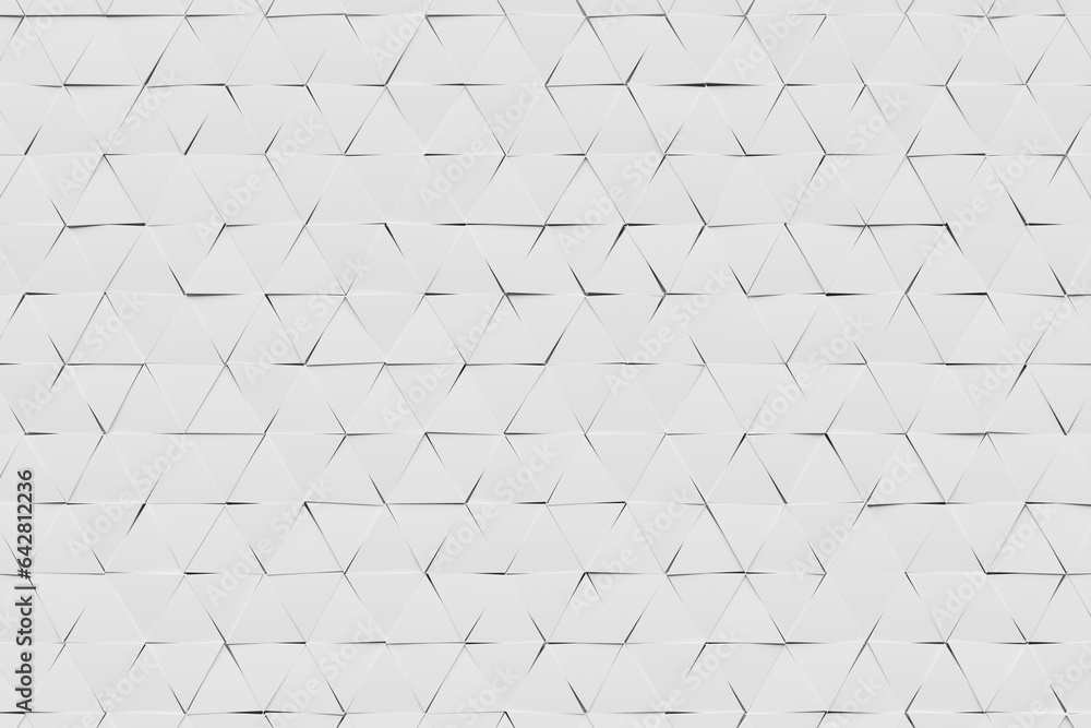 Poster 3d rendering. white pattern of triangles of different shapes. minimalistic pattern of simple shapes,