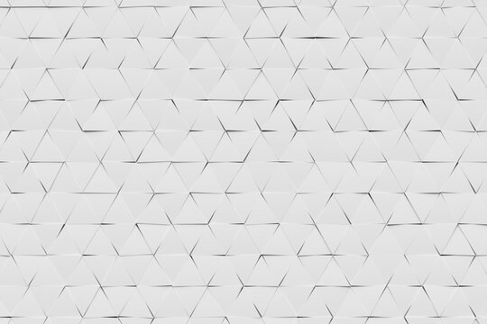 3D rendering. White pattern of triangles of different shapes. Minimalistic pattern of simple shapes, similar to the tops of mountains. Bright creative symmetric texture