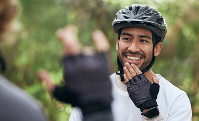 Cycling, sign language and a man in outdoor for fitness, training or communication with a deaf friend. Team building, exercise and a cyclist talking to a sports person with a disability in nature © Talia Mdlungu/peopleimages.com