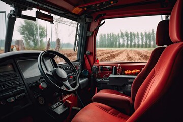 the inside of a truck with red leather seats and dashboards, looking out from the driver's seat