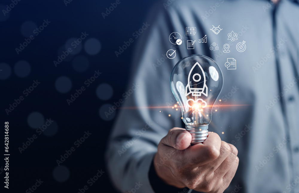 Poster Business Start fast track Rocket launch. strategically planning and initiating a corporate startup. aim to achieve objectives through value development, fostering leadership, customer target groups.