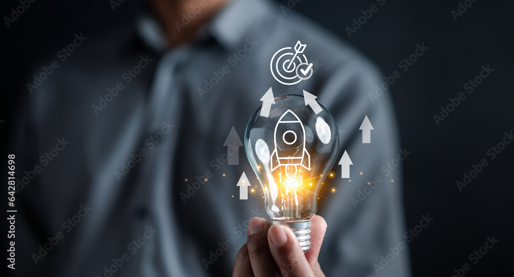 Poster business journey of a rocket icon inside lightbulb, accelerate towards your goals, rapid startup mom