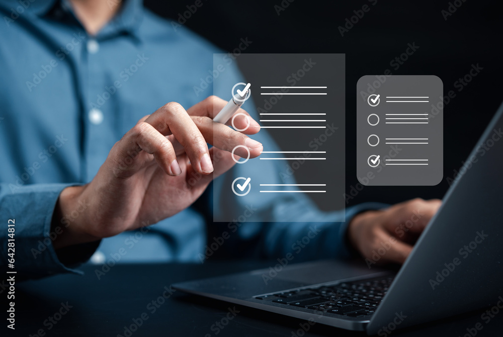 Fototapete Online survey and digital form checklist by laptop computer, Document Management Checking System, online documentation database and process manage files