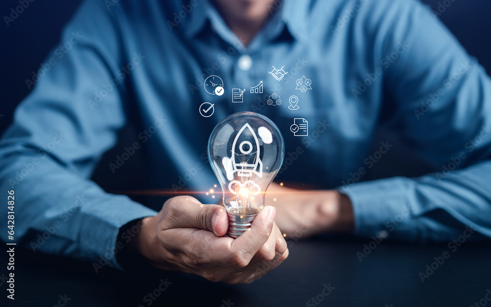 Aufkleber business start fast track rocket launch. strategically planning and initiating a corporate startup. 