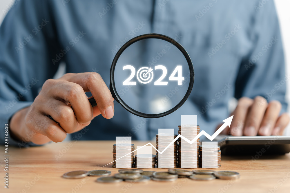 Aufkleber Happy New year 2024 Budget management accounting with chart graph and countdown merry christmas and happy new year, Planning and challenge strategy business in new year 2024 Concept.