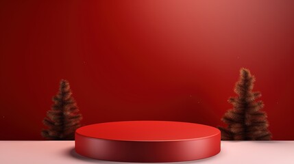 Festive holiday scene with a red Christmas tree, a decorated green tree with gifts, and a close-up of a wrapped gift box under a Christmas tree