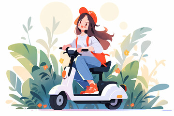 Fototapeta na wymiar Young woman riding electric scooter eco travel lifestyle illustration