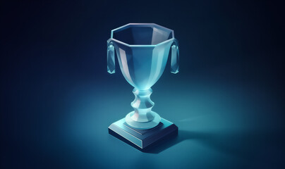 Silver cup on blue. 3d trophy cup. Glass trophy of the winner, isometric 3d. 2d trophy in isometric view