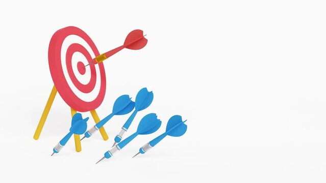 Business success and failure concept. Goal achieving idea. Efficiency and accuracy concept. Lots arrows missed hitting target mark and only one hits the center. 4k 3d animation