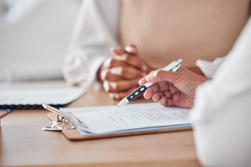 Hands, contract or doctor consulting a patient in meeting in hospital writing history or healthcare...