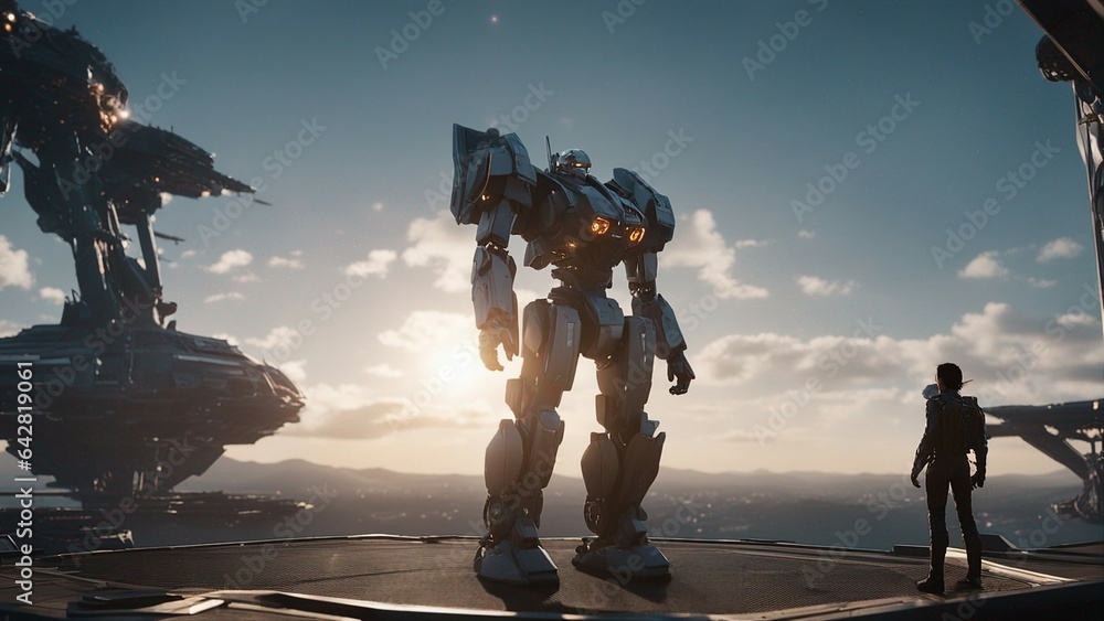 Wall mural a mecha stands high on a scifi platform with a mecha pilot looking at it.