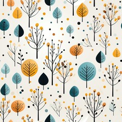 A whimsical seamless fall pattern featuring bubbly abstract trees in light blue and yellow colors, creating a playful representation of a fall forest. Illustration, Generative AI