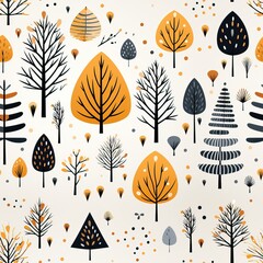 A seamless fall pattern with an abstract representation of trees in diverse shapes, creating an artistic design reminiscent of a forest in autumn. Illustration, Generative AI