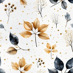 A watercolor-themed seamless fall pattern with blue and brown leaves, offering an artistic representation of the season. Illustration, Generative AI