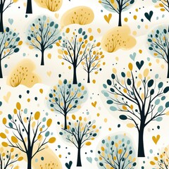 A whimsical seamless fall pattern featuring bubble and heart-shaped leaves adorning trees within a forest, creating a playful design. Illustration, Generative AI