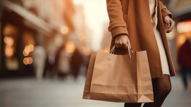 Close up of woman`s hand holding shopping bags while walking on the street, no watermarks, copy space, 16:9