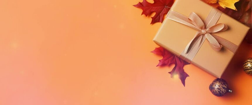 Anamorphic video autumn composition. Gift boxes, autumn leaves and spices on a orange background.
