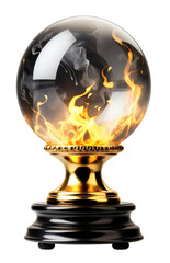 Ball for divination. Luxurious fortune teller glass ball with mist/smoke and fire inside. Realistic witch ball on a black and gold stand. Isolated on a transparent background.
