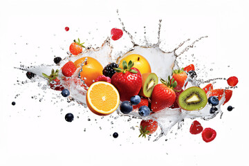 Water splash with fruits and berries isolated on white background. Fresh food. Fruit splashing into water on a white background. Isolated