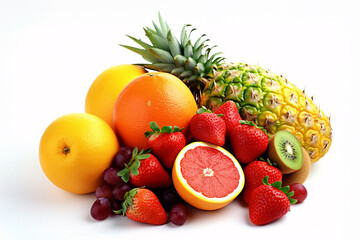 Fruits isolated on white background. Strawberry, orange, pineapple, grapefruit