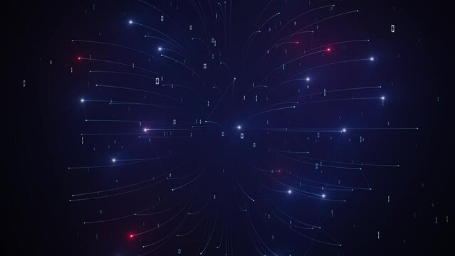 Loop dark computer cyberspace network with binary data and blinking lights.
