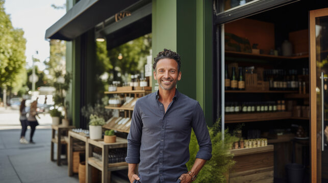 With an eco-friendly vision,  the entrepreneur poses outside their sustainable store,  promoting conscious choices
