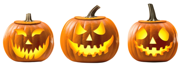 Three funny glowing Halloween pumpkins with cut out cute faces. Jack Lanterns. Isolated on a transparent background.