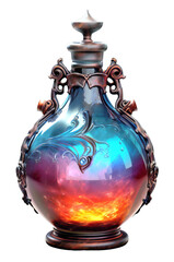 Realistic elixir/magic potion in a glass bottle. Witch's colorful potion. Isolated on a transparent background. - obrazy, fototapety, plakaty