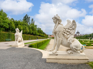 August 5, 2023 Vienna, Austria. White griffin statues in the upper Belvedere park