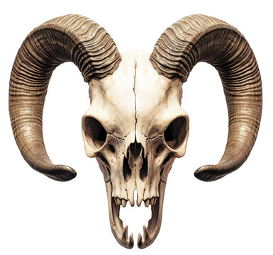 Skull with horns. Sheep skull. Gloomy, gothic animal skull. Isolated on a transparent background.