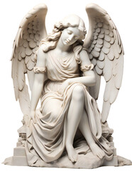 Cemetery architecture. Sculpture/Statue of an angel with wings on a grave. The angel is sitting. Headstone with an angel. Isolated on a transparent background.