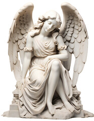Fototapeta premium Cemetery architecture. Sculpture/Statue of an angel with wings on a grave. The angel is sitting. Headstone with an angel. Isolated on a transparent background.