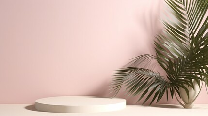 pink color with palm leaf podium background