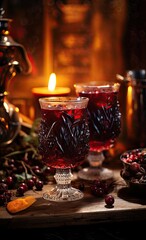 Obraz na płótnie Canvas two glasses filled with cran wine on a wooden table in front of a fireplace and lit by a candle